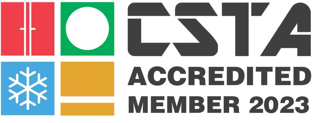 The image is a logo featuring the letters "CSTA" in bold, black font. To the left, there are four squares in different colors, each containing a vertical line, a circle, a snowflake, and two horizontal lines. Below, the text reads "ACCREDITED MEMBER 2023," signifying certified excellence in self storage services.