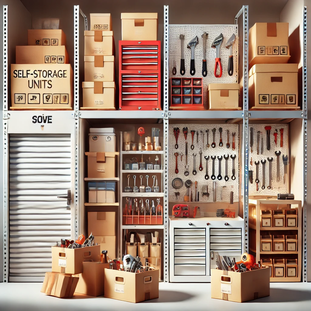 A well-organized storage room with shelves filled with cardboard boxes, drawers, tools, and hardware items. In the heart of Croydon, labels on boxes and pegboards with hanging tools create a neat and efficient workspace that's perfect for anyone needing versatile storage units.