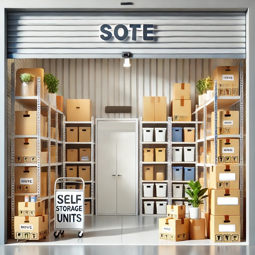 A storage unit in Worthing showcases shelves filled with neatly stacked cardboard boxes and plastic bins. A sign reads "Self Storage Units." A cart holds more boxes, while a small plant adds greenery to the scene. Choosing self storage here ensures organization and peace of mind.