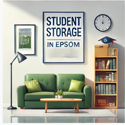 A cozy room features a green sofa, coffee table, and floor lamp. Wall art declares "Student Storage in Epsom," while a bookshelf showcases books and a graduation cap. The decor is completed with a clock and framed art adorning the walls, reflecting both style and practicality for student life.