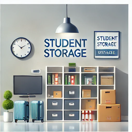 A room with a student storage theme in Epsom features shelves filled with books, boxes, and binders. Luggage and a potted plant rest on the floor. Above the shelves, a wall clock keeps time next to a framed "Student Storage" sign hanging on the wall.