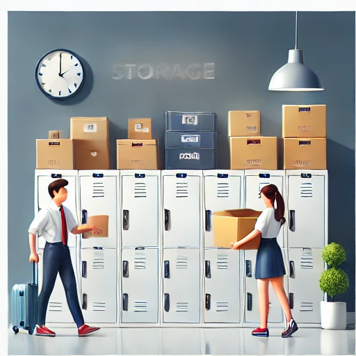 Two people are organizing boxes inside white storage lockers against a gray wall marked with a "STORAGE" sign, perfect for student storage in Epsom. A clock and hanging light provide ambiance above. The man tugs at a suitcase while the woman carries a box, and a small plant sits cheerfully in the corner.