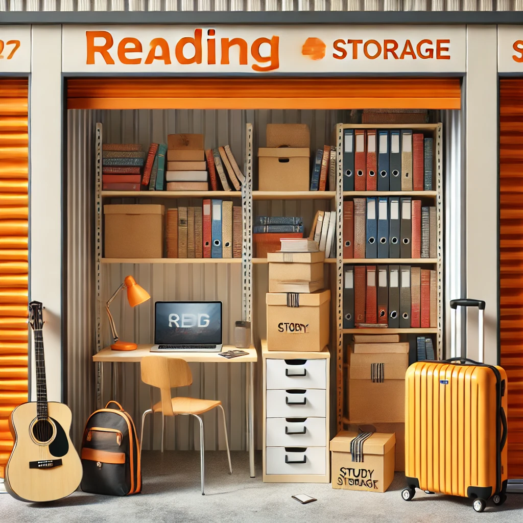 A storage unit transformed into a cozy reading nook. Shelves hold books, folders, and boxes. A small desk with a laptop and lamp sits next to a chair. A guitar, backpack, and suitcase are nearby. The sign above reads "Reading Storage," inspired by creative business storage in Molesey.