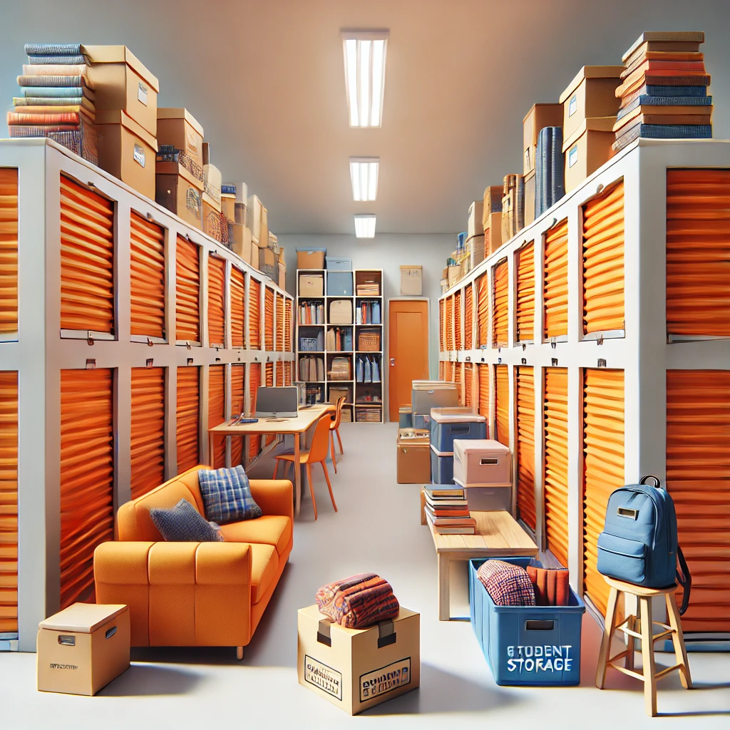 A tidy storage room with orange lockers, shelves, and various boxed items. An orange sofa and a wooden table with chairs are set in the center. Books, a blue backpack, and labeled bins suggest an organized space for student belongings—ideal for business storage in Molesey.