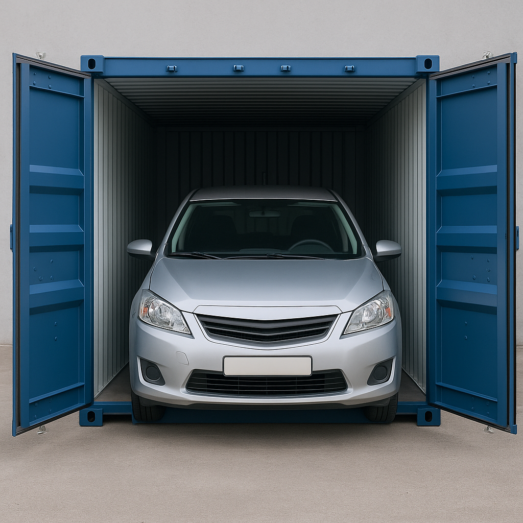 A silver car parked inside a blue shipping container with both doors wide open, highlighting secure vehicle storage in Aylesbury as the car sits centered and facing forward.