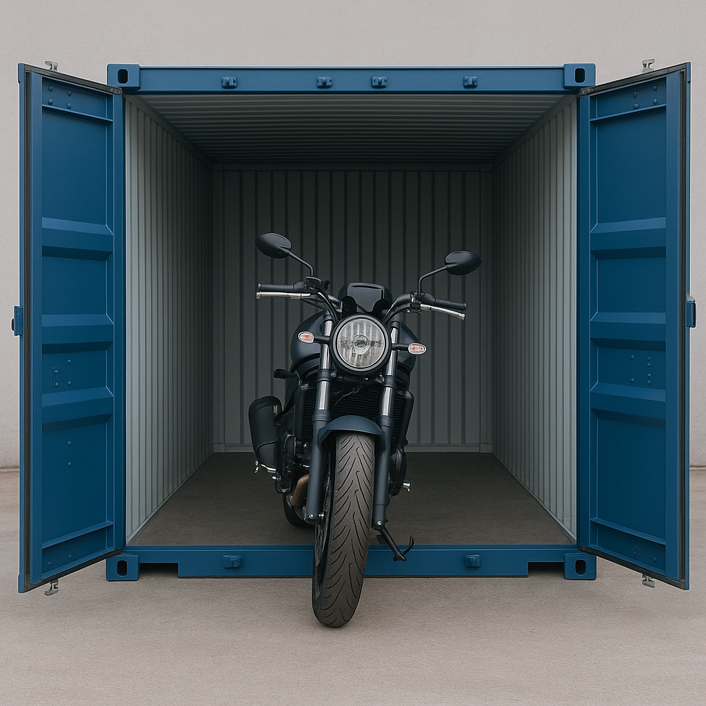 A black motorcycle is parked inside a blue shipping container with both doors open, showcasing secure vehicle storage in Aylesbury against a plain, light-colored background.