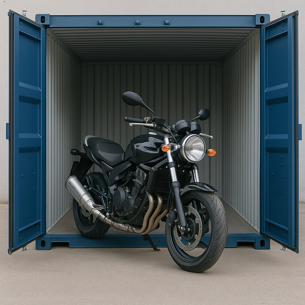 A black motorcycle is parked inside an open blue shipping container, both doors wide open on a concrete surface—showcasing secure vehicle storage in Aylesbury.