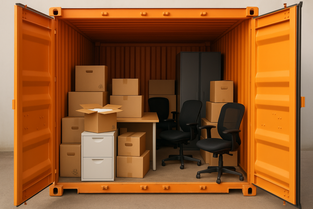 An open orange shipping container filled with cardboard boxes, two black office chairs, a filing cabinet, a table, and a gray storage cabinet—all neatly arranged for efficient business storage in Molesey.