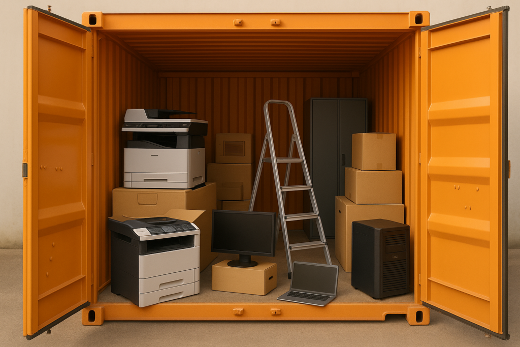An open orange shipping container for business storage in Molesey holds office items, including printers, a computer monitor, a laptop, a desktop tower, a ladder, a filing cabinet, and several cardboard boxes.
