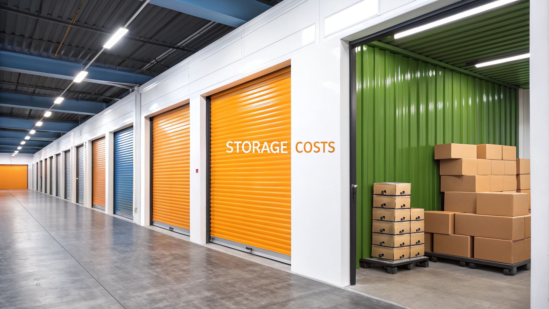 A row of indoor storage units with brightly colored orange and blue doors; one green unit is open, revealing neatly stacked cardboard boxes inside. The words "STORAGE COSTS" appear on a closed orange door.