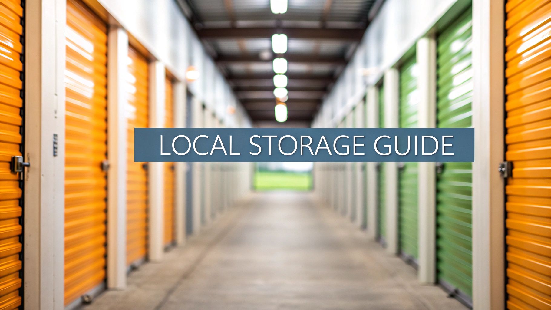 A hallway of a storage facility with orange and green doors on both sides. The text "LOCAL STORAGE GUIDE" appears in bold letters across the center of the image.