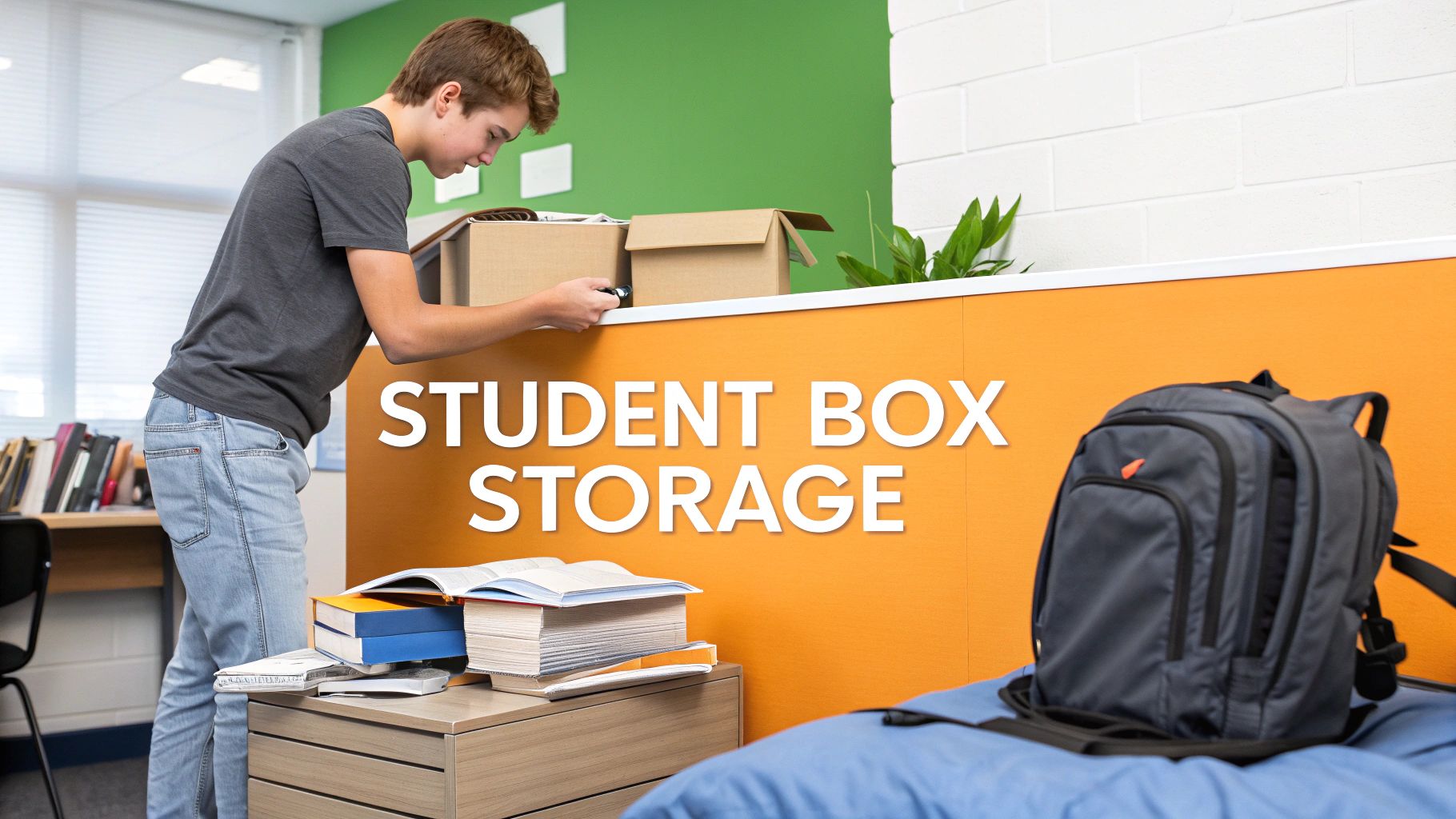 A student stands next to an orange storage area labeled "STUDENT BOX STORAGE," sorting items into cardboard boxes. Books, an open notebook, and a backpack are visible nearby in a study area.