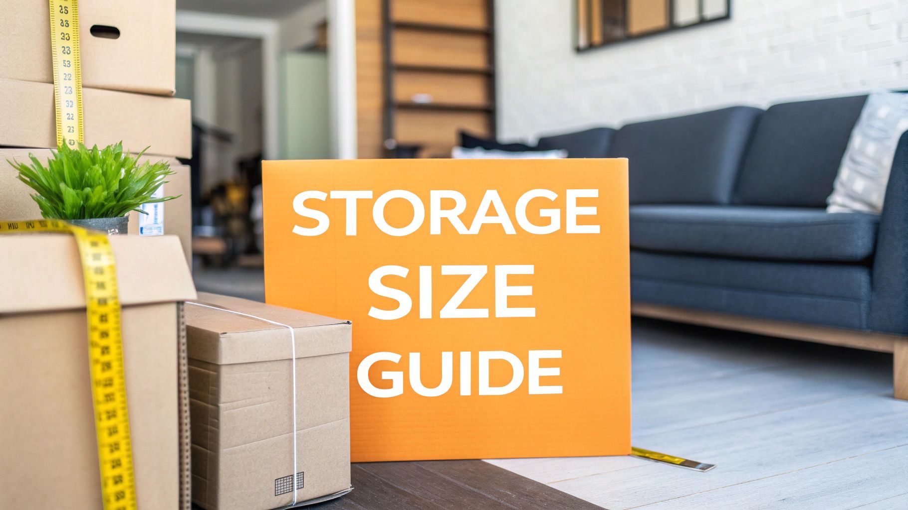A bright orange sign reading "Storage Size Guide" stands among packed cardboard boxes and a tape measure in a modern living room with a grey sofa.