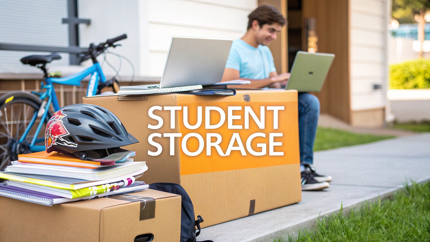 A student sits outside on a laptop near a building, with large moving boxes labeled "STUDENT STORAGE," a bike, a helmet, and a stack of books and folders nearby.