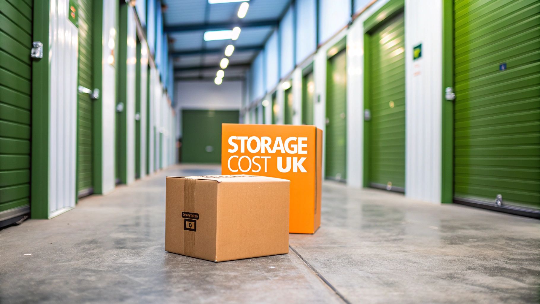 Two cardboard boxes, one brown and one orange labeled "STORAGE COST UK," sit on the floor of a brightly lit storage facility hallway lined with green doors.