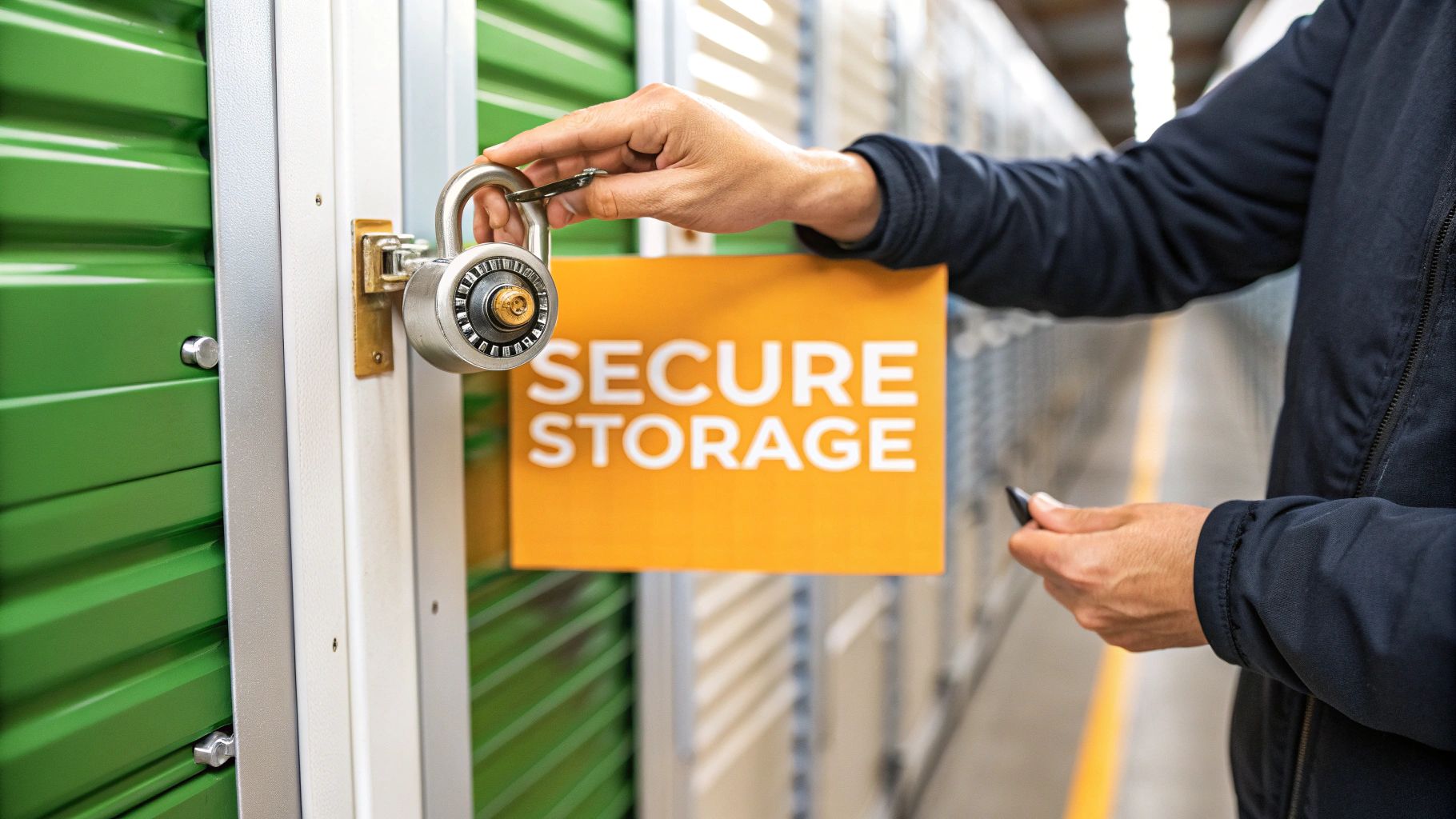 Person unlocking a padlock on a green storage unit door, holding a yellow sign that reads "SECURE STORAGE," in a well-lit corridor of storage units.