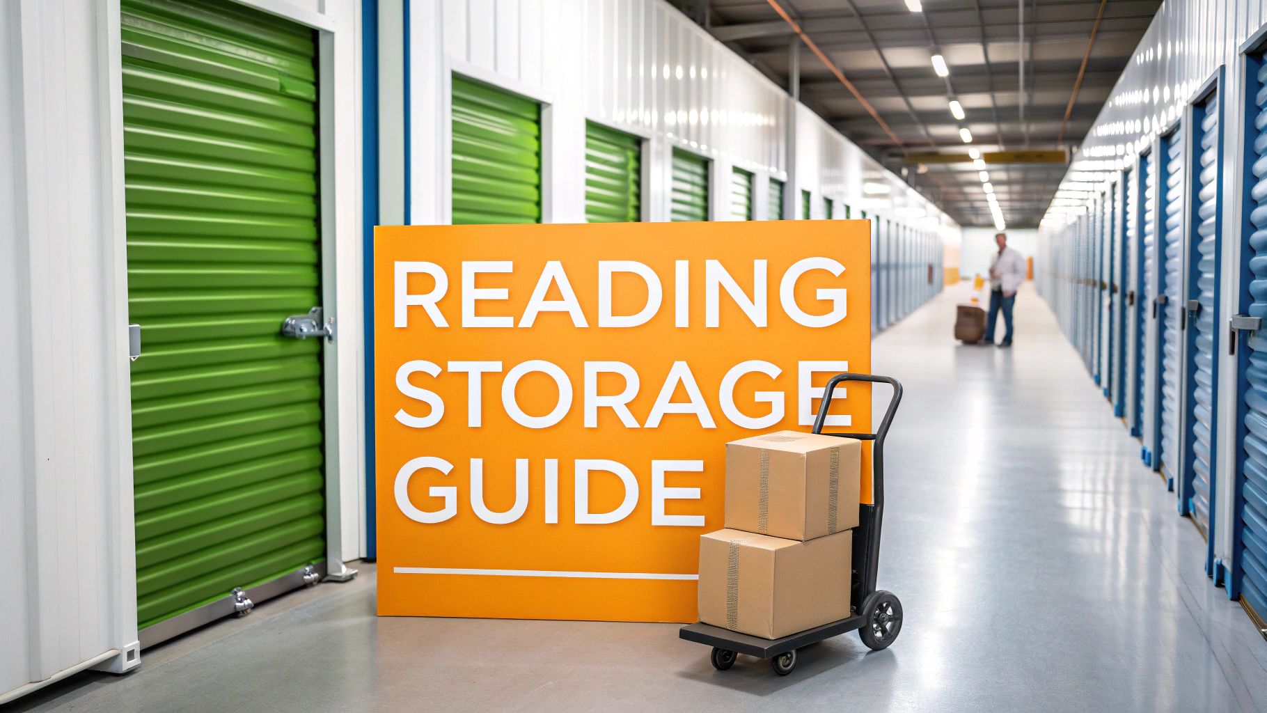 A large orange sign reading "Reading Storage Guide" stands in a hallway of storage units with green doors. A hand truck with cardboard boxes is in front, and a person with a suitcase is seen in the background.