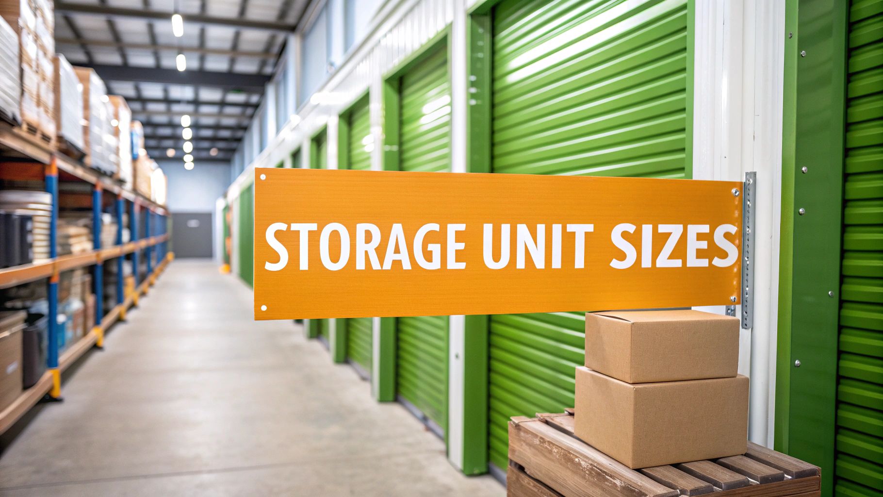 A bright orange sign reading "Storage Unit Sizes" hangs in a hallway with green storage unit doors. Two cardboard boxes are stacked on a pallet in the foreground, and shelves line the left side of the corridor.