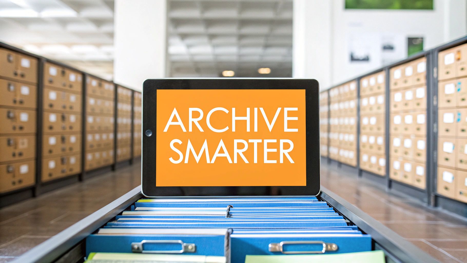 A tablet with the words "ARCHIVE SMARTER" is displayed on top of a filing cabinet drawer filled with blue folders, surrounded by rows of archive boxes in a well-lit storage room.