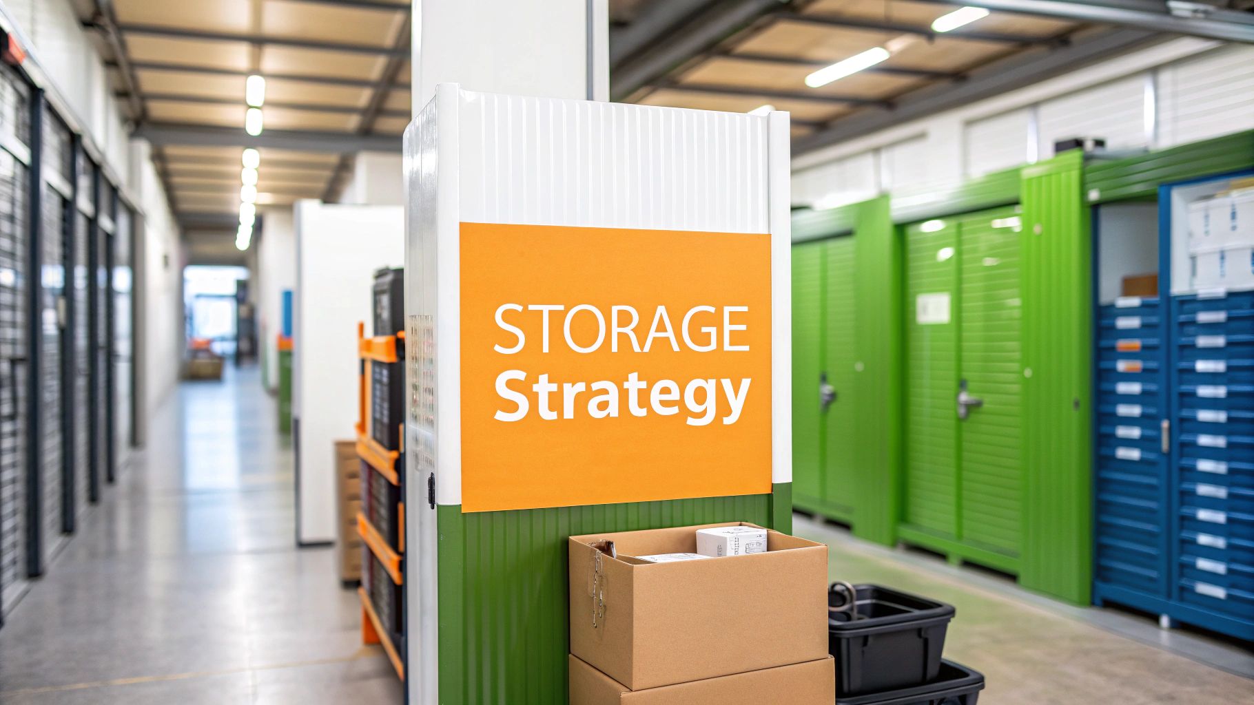 A storage facility hallway with green storage units, shelves, and a column featuring an orange and white sign that reads "STORAGE Strategy." Boxes and containers are stacked below the sign.