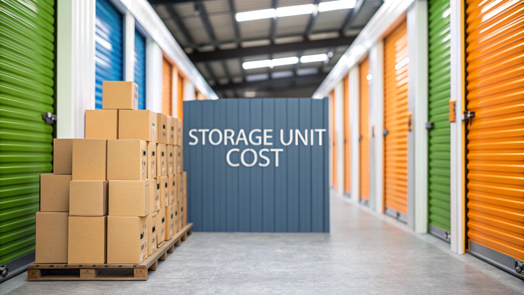 A row of stacked cardboard boxes on a pallet sits in front of a blue sign that reads "STORAGE UNIT COST," surrounded by colorful orange, green, and blue storage unit doors in a well-lit facility.
