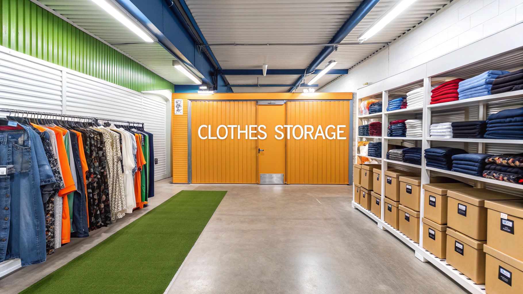 A well-lit storage area with clothing racks on the left, folded clothes and brown boxes on shelves to the right, and a large yellow door labeled "CLOTHES STORAGE" at the end of the hallway.