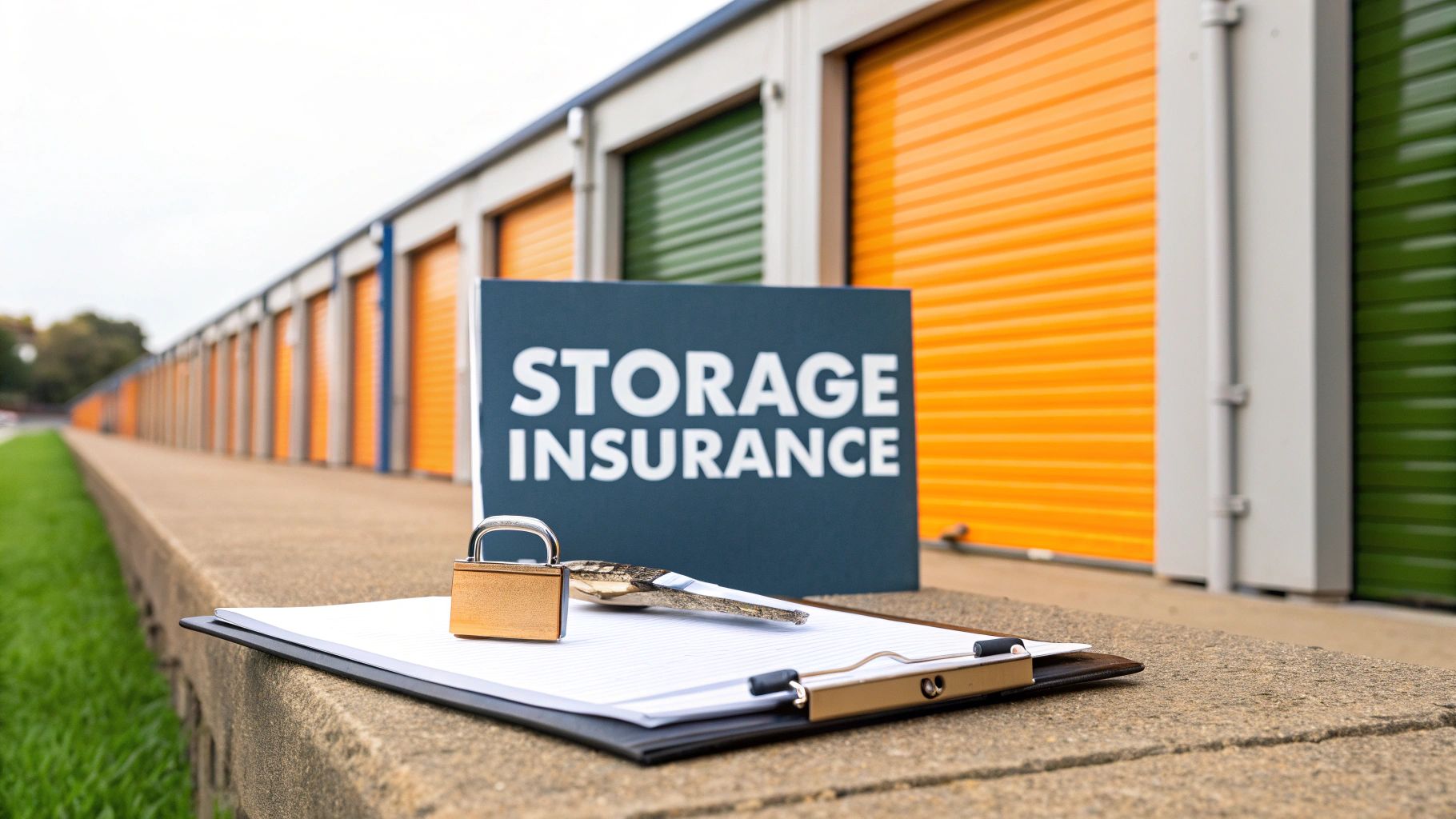 A clipboard with papers, a gold padlock, and a set of keys sits on a ledge in front of orange and green storage unit doors. A sign reads "Storage Insurance.