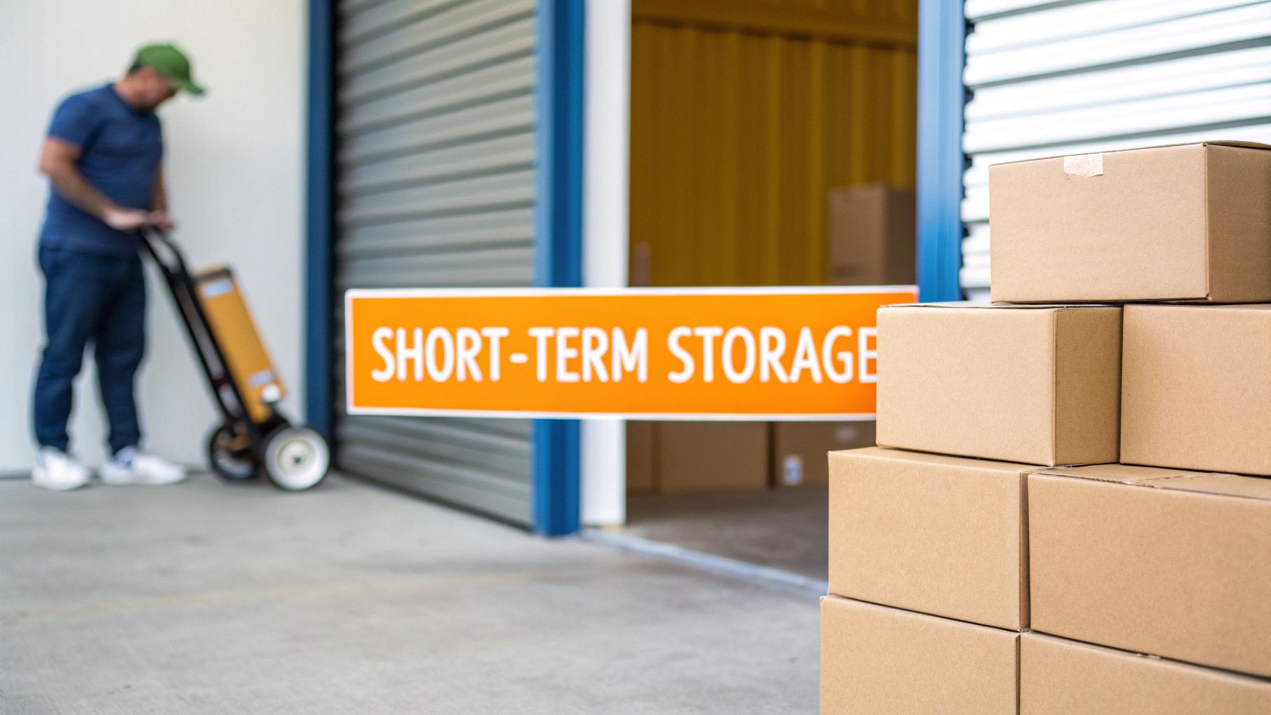 A stack of cardboard boxes sits in front of an open storage unit with a sign that reads "SHORT-TERM STORAGE." In the background, a person with a hand truck moves another box.