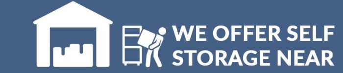 Icon of a storage unit and a person lifting a box with the text "We offer self storage near" on a blue background, ideal for student storage needs.